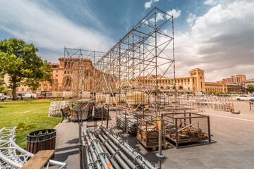 Construction of a stage made of metal pipes on the Yerevan city square for a political rally