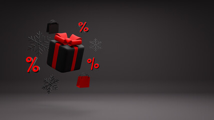 Black Friday super sale, new year discounts of gift box and shopping bag with snowflake on black background. 3d rendering