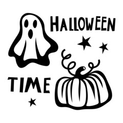 Black doodle Halloween vector design with a spooky ghost, pumpkin. Illustration for kids, celebration, web, print, etc. 