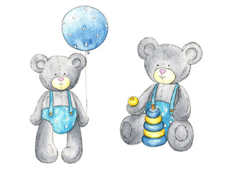 Plush bears in blue clothes