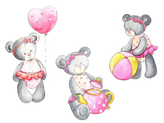 Plush bears in pink clothes