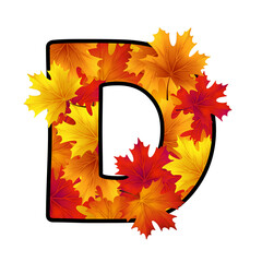 The letter D with red, yellow, orange maple leaves with black border isolated on white background. Vector Holiday illustration for postcard, banner, cards, web, design, advertising.