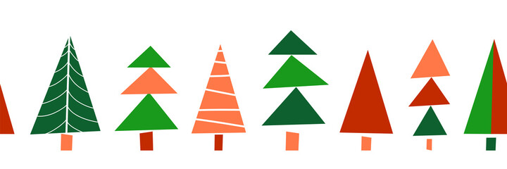 Christmas tree seamless border. Repeating vector pattern horizontal modern abstract paper cut shapes. Decorative Winter holiday design for ribbon, greeting card, scrapbooking, footer, header, dividers