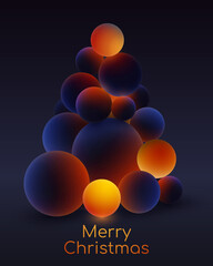 Poster for Merry christmas, Christmas tree, fir with realistic dark balls, blured and luminous, luminescent orange balls and magic lights on dark background. Vector illustration. 