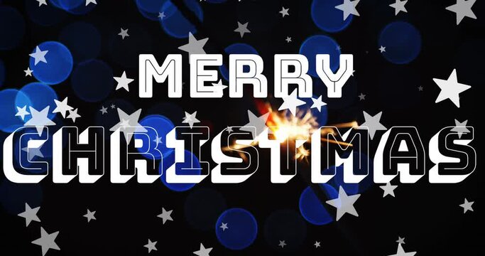 Animation of merry christmas text over light spots and stars falling