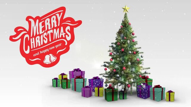 Animation of merry christmas text over christmas tree with presents and snow falling