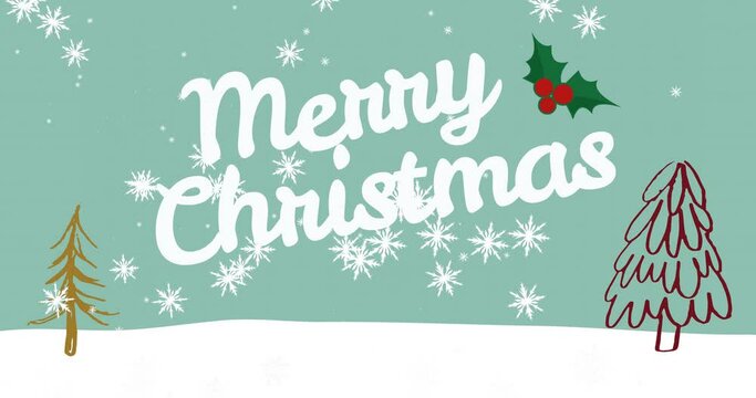 Animation of merry christmas text over snow falling