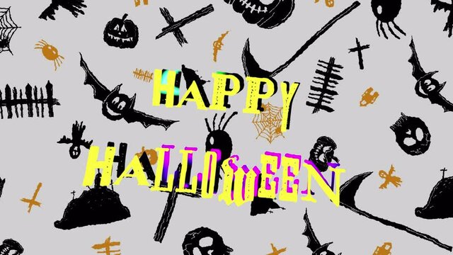 Animation of happy halloween text over halloween icons