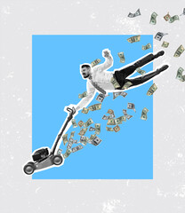 Modern design, contemporary art collage. Inspiration, idea, trendy urban magazine style. Young man with grass-cutter and dollars notes