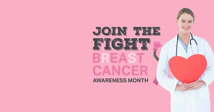 Animation of breast cancer awareness text over smiling caucasian female doctor