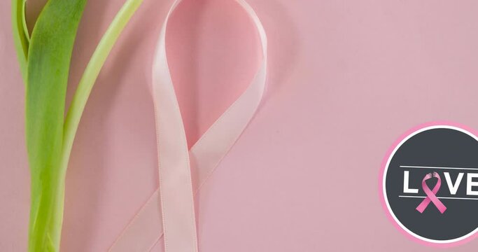 Animation of breast cancer awareness text over flower and pink breast cancer ribbon