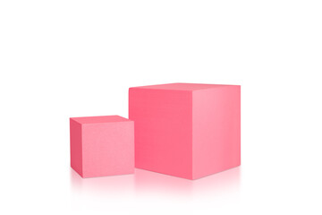Fototapeta premium Two pink podiums isolated on white background. Podium for product, cosmetic presentation. Creative mock up. Pedestal or platform for beauty products.
