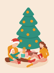 Happy family gives each other gifts near the Christmas tree. Flat design. Vector illustration.