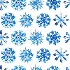 Seamless pattern with blue watercolor snowflakes on white background. Hand painted winter illustration.