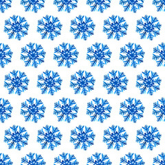 Seamless pattern with blue watercolor snowflakes on white background. Hand painted winter illustration.