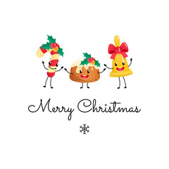 Merry Christmas card with funny characters. Winter holiday illustration of a cute dancing christmas pudding, a candy cane and a bell isolated on a white background. Vector illustration 10 EPS.