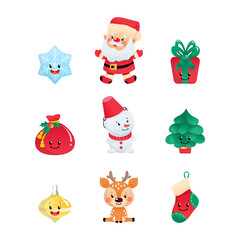 Set of cartoon Christmas icons. Collection of cute winter holiday symbols: Santa Claus, a snowman, a deer, a Santa Claus bag, a gift box, a star, a snowflake, a fir tree and a ball. 