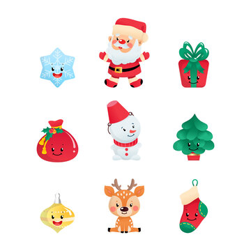 Set of cartoon Christmas icons. Collection of cute winter holiday symbols: Santa Claus, a snowman, a deer, a Santa Claus bag, a gift box, a star, a snowflake, a fir tree and a ball. 
