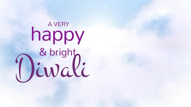 Animation of happy diwali text over blue sky and clouds