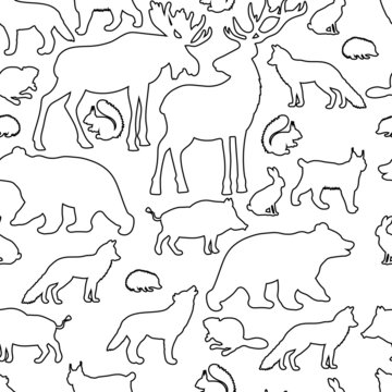 Seamless pattern with contour of forest animals, coloring page