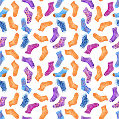 Fototapeta na wymiar Watercolor seamless pattern with multicolored knitted socks