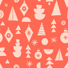 Modern Christmas background red. Seamless Vector pattern with festive abstract geometric shapes, Christmas trees, ornaments, baubles. Mid century modern pink red winter holiday design for fabric, wrap