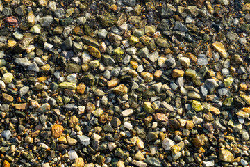 The beautiful pebbles of the seabed are washed with seawater.