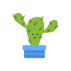 Cute cactus flat style vector illustration on white background. Houseplant succulent. Funny cacti with faces in pots for design, cards, stickers.