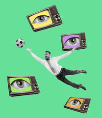 Modern design, contemporary art collage. Inspiration, idea, trendy urban magazine style. Young man jumping among retro tv sets