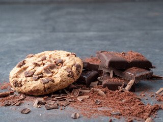 Chocolate chip cookies on a gray background.