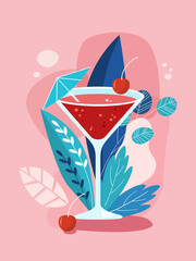Fresh alcoholic cocktail Manhattan on pink background. Vector illustration