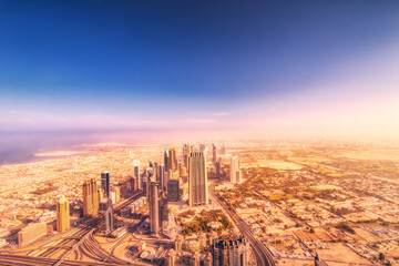 Naklejka na ściany i meble View of Sheikh Zayed Road skyscrapers and downtown from Burj Khalifa in Duba