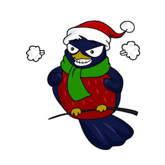 Cute bullfinch in a hat. Vector children's sticker design on white isolated background.