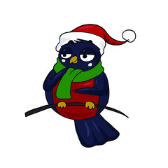 Cute bullfinch in a hat. Vector children's sticker design on white isolated background.