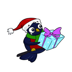 Cute bullfinch in a hat. Vector children's sticker design on white isolated background.