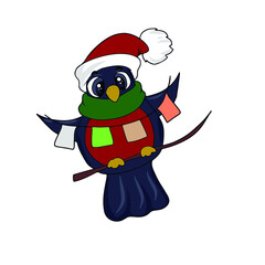 Cute bullfinch in a hat. Vector children's sticker design on white isolated background.