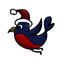 Cute bullfinch in a hat. Vector children's sticker design on white isolated background.