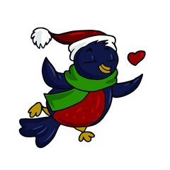 Cute bullfinch in a hat. Vector children's sticker design on white isolated background.