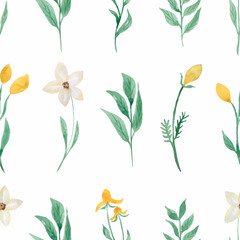 Wildflowers Seamless Pattern, Watercolor Meadow flowers paper, botanical herbs repeat pattern, floral printing design, Nature pattern