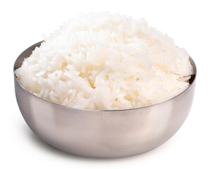 Cooked rice in a metal bowl on white background, Rice in Korean rice bowl isolated on white background With clipping path.