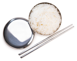 Cooked rice in a metal bowl and metal chopsticks Korean traditional, Rice in Korean rice bowl isolated on white background With clipping path.