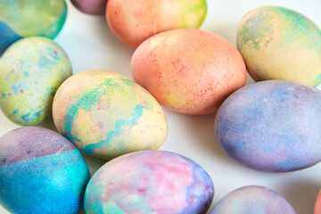 Group of easter painted eggs on white background