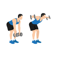 Man doing Dumbbell bent over lateral rear delt raises. Flyes exercise. Flat vector illustration isolated on white background - obrazy, fototapety, plakaty