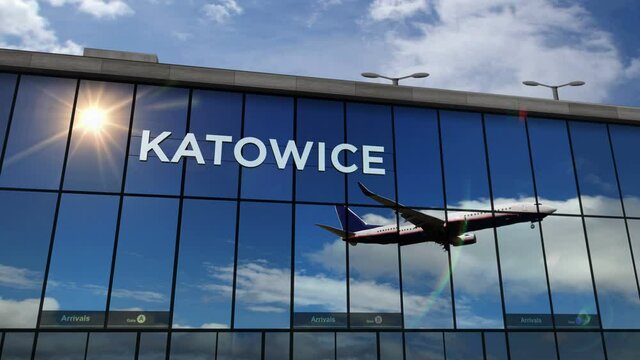 Plane landing at Katowice, Poland 3D rendering animation. Arrival in the city with the glass airport terminal and reflection of the jet aircraft. Travel, business, tourism and transport concept.