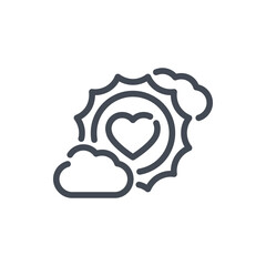 Cloud and sun with heart line icon. Love weather vector outline sign.