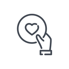 Hand holding circle with heart line icon. Give love vector outline sign.