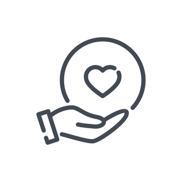 Hand with heart line icon. Take care with love vector outline sign.