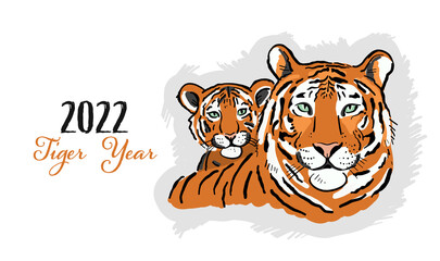 Greeting card with Tigers family. Symbol of 2022 New Year. Design Template for Christmas card, banner, poster, holiday decoration