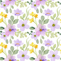Purple green floral watercolor seamless pattern