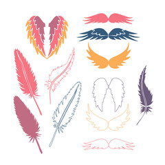 Vector set with plumes, feathers and wings. Isolated on white.
